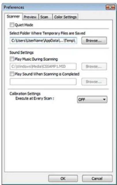 Preferences Scanner Preview Scan Color Settings □ Quiet Mode Select Folder Where Temporary Files are Saved C:\Users\Username\AppData\...\Temp\ Browse... Sound Settings □ Play Music During Scanning C:\Windows\Media\CSSAMP1.MID Browse... □ Play Sound When Scanning is Completed Browse... Calibration Se…