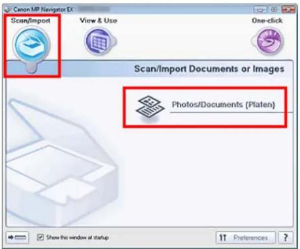Canon MP Navigator EX Scan/Import View & Use One-click Scan/Import Documents or Images Photos/Documents (Platen) Show this window at startup 17 Preferences ?