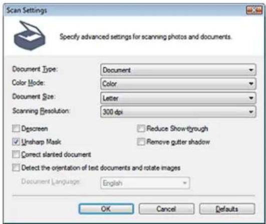 Scan Settings Specify advanced settings for scanning photos and documents. Document Type: Document Color Mode: Color Document Size: Letter Scanning Resolution: 300 dpi □ Dpscreen □ Unsharp Mask □ Correct slanted document □ Detect the orientation of text documents and rotate images Document Language:…