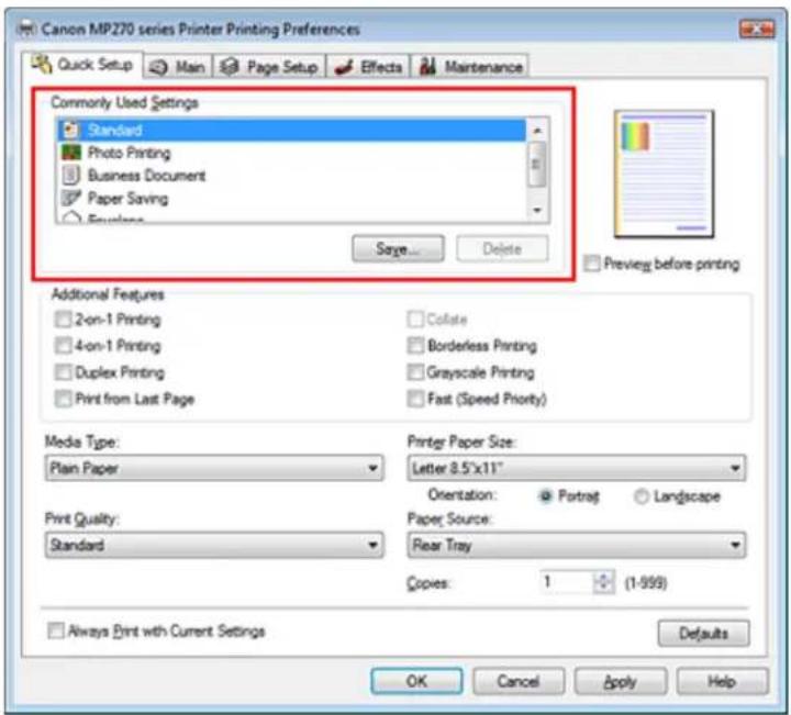 Canon MP270 series Printer Printing Preferences Quick Setup Main Page Setup Effects Maintenance Commonly Used Settings Standard Photo Printing Business Document Paper Saving Envelope Sage... Delete Preview before printing Additional Features 2-on-1 Printing 4-on-1 Printing Duplex Printing Print from…
