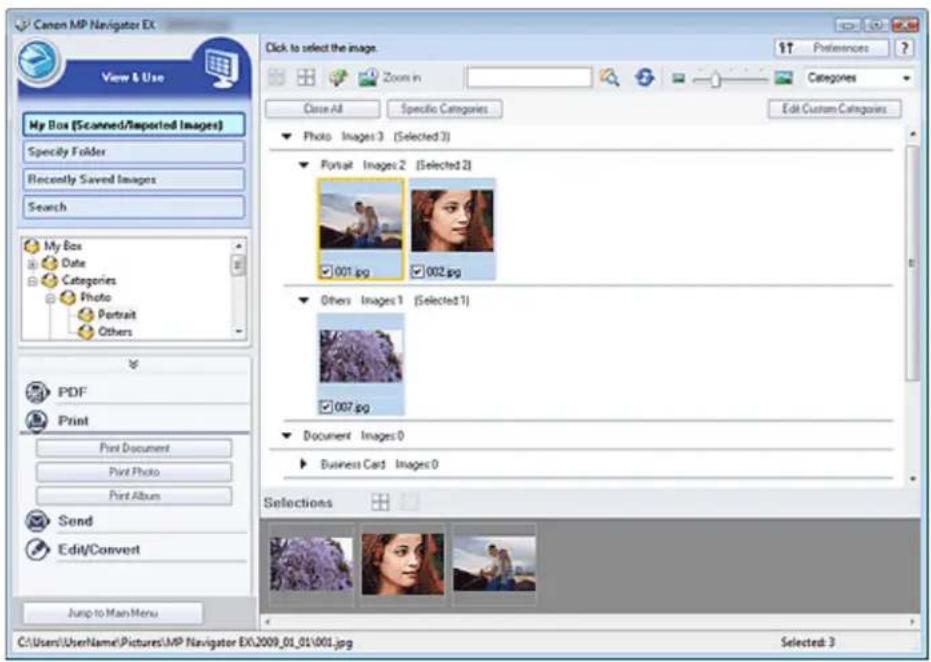 Canon MP Navigator EX View & Use My Box (Scanned/Imported Images) Specify Folder Recently Saved Images Search My Box Date Categories Photo Portrait Others PDF Print Print Document Print Photo Print Album Send Edit/Convert Jump to Man Menu Click to select the image. Zoom in Categories Close All Speci…