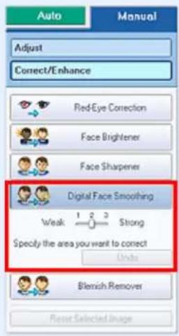 Auto Adjust Correct/Enhance RedEye Correction Face Brightener Face Sharpener Digital Face Smoothing Weak 1 2 3 Strong Specify the area you want to correct Undo Blemish Remover Reset Selected Image