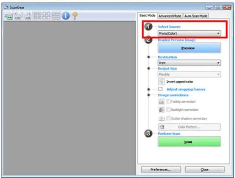ScanGear Basic Mode Advanced Mode Auto Scan Mode 1 Select Source Photo(Color) 2 Display Preview Image Preview Destination Print Output Size Flexible Invert aspect ratio Adjust cropping frames Image correction Fading correction Backlight correction Gutter shadow correction Color Pattern... 3 Perform…
