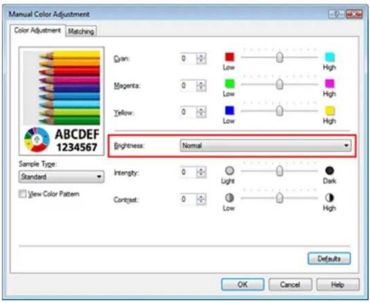 Manual Color Adjustment Color Adjustment Matching Glen: 0 Low High Magenta: 0 Low High Yellow: 0 Low High Brightness: Normal Sample Type: Standard Intensity: 0 Light Dark View Color Pattern Contject: 0 Low High Defaults OK Cancel Help