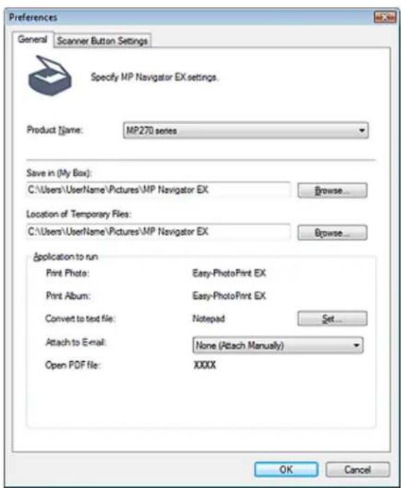 Preferences General Scanner Button Settings Specify MP Navigator EX settings. Product Name: MP270 series Save in (My Box): C:\Users\UserName\Pictures\MP Navigator EX Browse... Location of Temporary Files: C:\Users\UserName\Pictures\MP Navigator EX Browse... Application to run Print Photo: Easy-Photo…