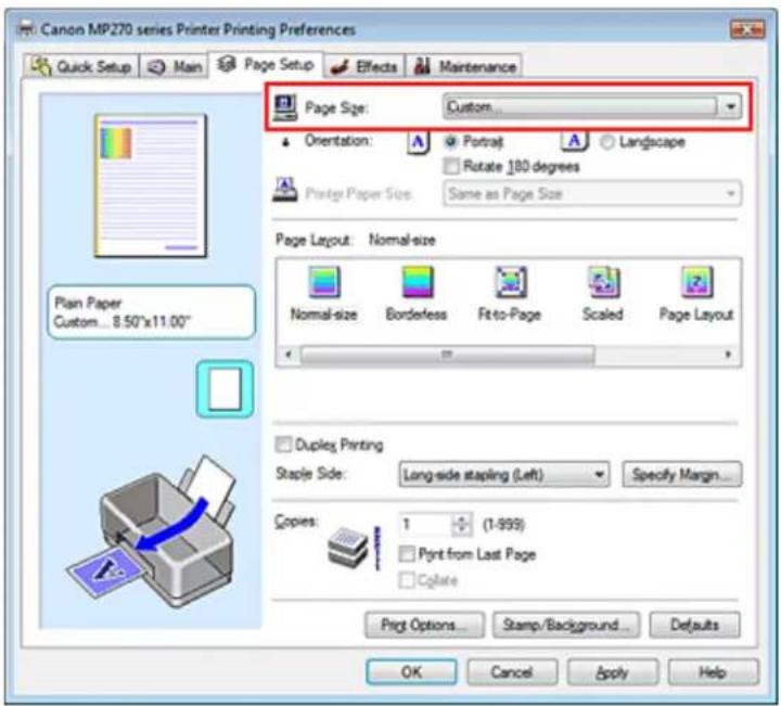 Canon MP270 series Printer Printing Preferences Quick Setup Main Page Setup Effects Maintenance Page Size: Custom... Orientation: Portrait Landscape Rotate 180 degrees Printer Paper Size Same as Page Size Page Layout: Normal-size Normal-size Borderless Fit-to-Page Scaled Page Layout Duplex Printing…