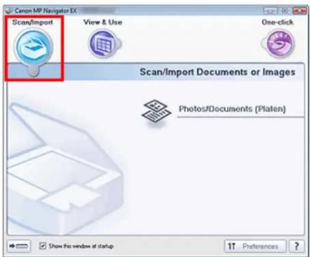 Canon MP Navigator EX Scan/Import View & Use One-click Scan/Import Documents or Images Photos/Documents (Platen) Show this window at startup 11 Preferences ?