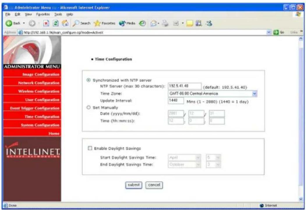 Administrator Menu - Microsoft Internet Explorer Back View Favorites Tools Help Search Favorites Media Address http://192.168.1.96/main_configure.cgi?mode=ActiveX Time Configuration Synchronized with NTP server NTP Server (max 30 characters): 192.5.41.40 (default: 192.5.41.40) Time Zone: GMT-06:00 Central America Update Interval: 1440 Mins (1 - 2880) (1440 = 1 day) Set Manually Date (yyyy/mm/dd): 2001 12 31 Time (hh:mm:ss): 12 0 0 Enable Daylight Savings Start Daylight Savings Time: April 5 End Daylight Savings Time: October 3 submit cancel Done Internet