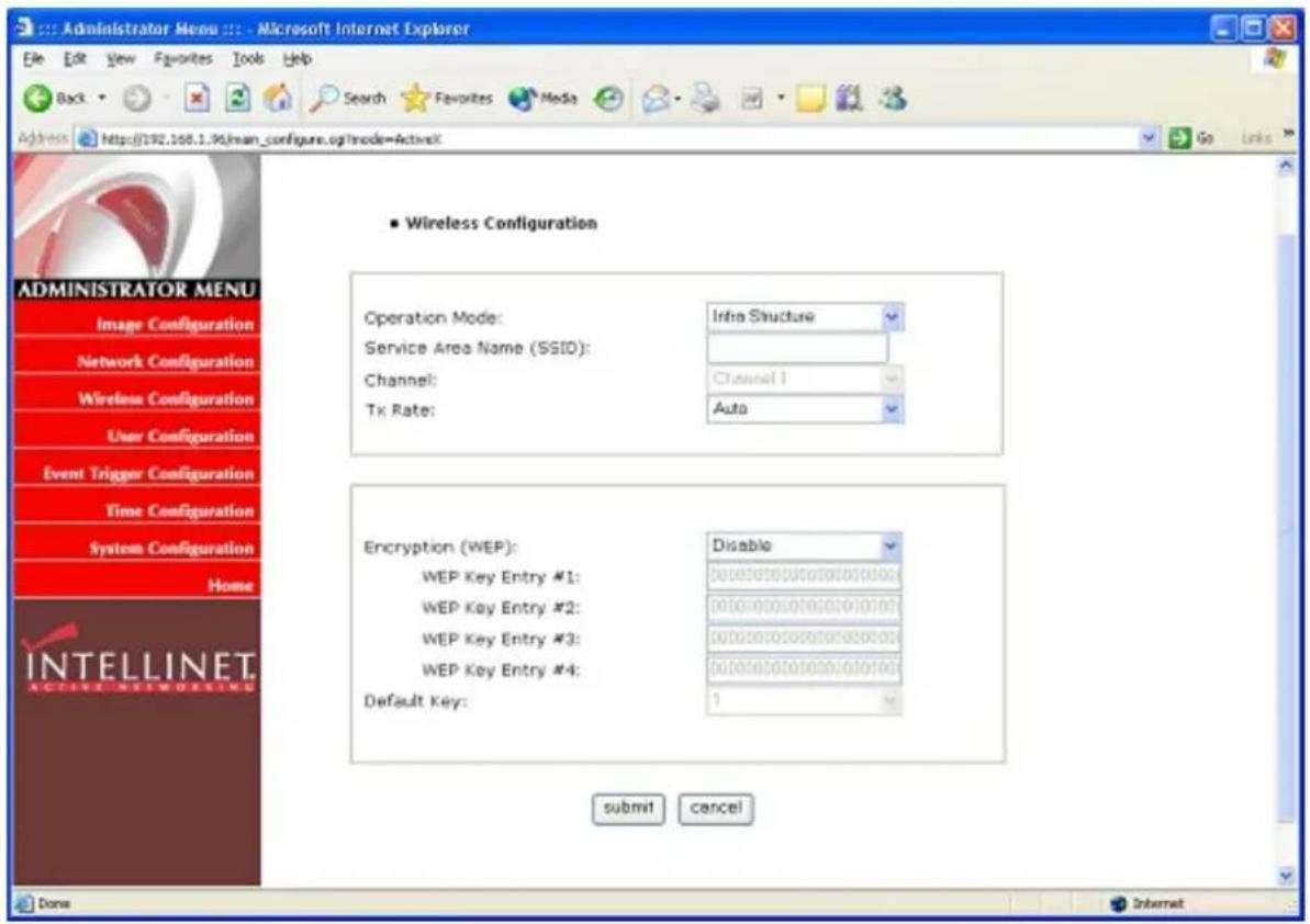 Administrator Menu : - Microsoft Internet Explorer File Edit View Favorites Tools Help Back Search Favorites Media Address http://192.168.1.96/nam_configure.cgi?trade=ActiveX ■ Wireless Configuration Operation Mode: Info Structure Service Area Name (SSID): Channel: Channel 1 Tx Rate: Auto Encryption (WEP): Disable WEP Key Entry #1: WEP Key Entry #2: WEP Key Entry #3: WEP Key Entry #4: Default Key: submit cancel adminISTRATOR MENU Image Configuration Network Configuration Wireless Configuration User Configuration Event Trigger Configuration Time Configuration System Configuration Home INTELLINET. ACTIVE NETWORKING Submit Cancel Done