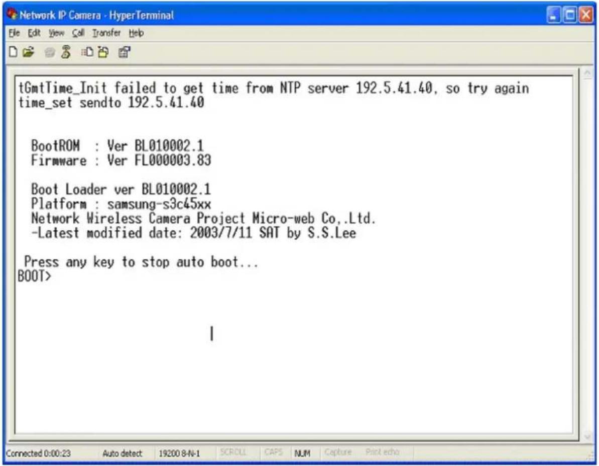 tGmtTime_Init failed to get time from NTP server 192.5.41.40, so try again time_set sendto 192.5.41.40 BootROM : Ver BL010002.1 Firmware : Ver FL000003.83 Boot Loader ver BL010002.1 Platform : samsung-s3c45xx Network Wireless Camera Project Micro-web Co.,Ltd. -Latest modified date: 2003/7/11 SAT by S.S.Lee Press any key to stop auto boot... BOOT>