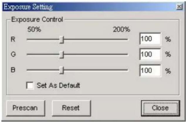 Exposure Setting Exposure Control 50% 200% R 100 % G 100 % B 100 % □ Set As Default Prescan Reset Close