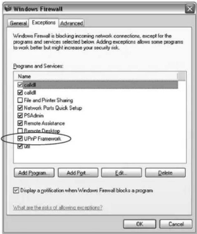 Windows Firewall General Exceptions Advanced Windows Firewall is blocking incoming network connections, except for the programs and services selected below. Adding exceptions allows some programs to work better but might increase your security risk. Programs and Services: Name ✓ calldll ✓ calldll □ File and Printer Sharing ✓ Network Ports Quick Setup ✓ PSAadmin ✓ Remote Assistance □ Remote Desktop ✓ UPnP Framework ✓ util Add Program... Add Port... Edit... Delete ✓ Display a notification when Windows Firewall blocks a program What are the risks of allowing exceptions? OK Cancel