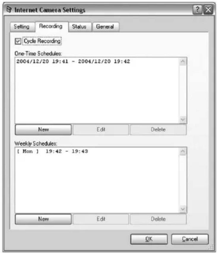 Internet Camera Settings Setting Recording Status General ✓ Cycle Recording One-Time Schedules: 2004/12/20 19:41 - 2004/12/20 19:42 New Edit Delete Weekly Schedules: [ Mon ] 19:42 - 19:43 New Edit Delete OK Cancel