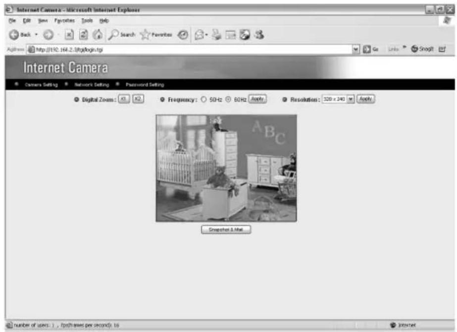 Internet Camera - Microsoft Internet Explorer File Edit View Favorites Tools Help Back Search Favorites Address http://192.164.2.3/ptj/login.tgi Go Links Select Internet Camera Camera Setting Network Setting Password Setting Digital Zoom: X1 X2 Frequency: 50Hz 60Hz Apply Resolution: 320 x 240 Apply Smaller & Mail number of users: 1, (path times per second): 16 Internet