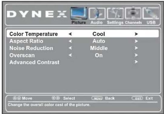 DYNEX Picture Audio Settings Channels USB Color Temperature < Cool > Aspect Ratio < Auto > Noise Reduction < Middle > Overscan < On > Advanced Contrast > Move Select MENU Back EXIT Exit Change the overall color cast of the picture.