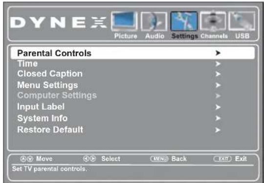DYNEX Picture Audio Settings Channels USB Parental Controls Time Closed Caption Menu Settings Computer Settings Input Label System Info Restore Default Move Select MENU Back EXIT Exit Set TV parental controls.