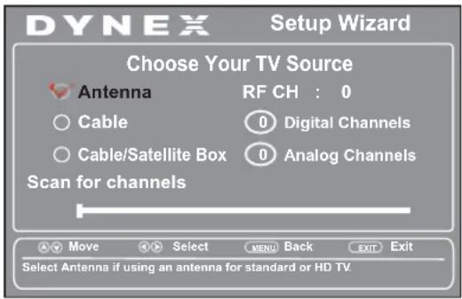 DYNEX Setup Wizard Choose Your TV Source Antenna RF CH : 0 Cable 0 Digital Channels Cable/Satellite Box 0 Analog Channels Scan for channels Move Select MENU Back EXIT Exit Select Antenna if using an antenna for standard or HD TV.