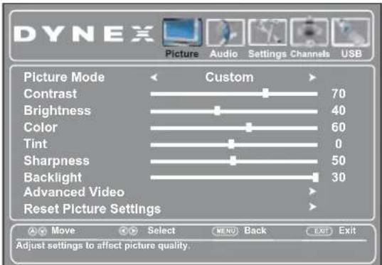 DYNEX Picture Audio Settings Channels USB Picture Mode Custom Contrast 70 Brightness 40 Color 60 Tint 0 Sharpness 50 Backlight 30 Advanced Video Reset Picture Settings Move Select MENU Back EXIT Exit Adjust settings to affect picture quality.