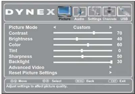 DYNEX Picture Audio Settings Channels USB Picture Mode Custom Contrast 70 Brightness 40 Color 60 Tint 0 Sharpness 50 Backlight 30 Advanced Video Reset Picture Settings Adjust settings to affect picture quality.