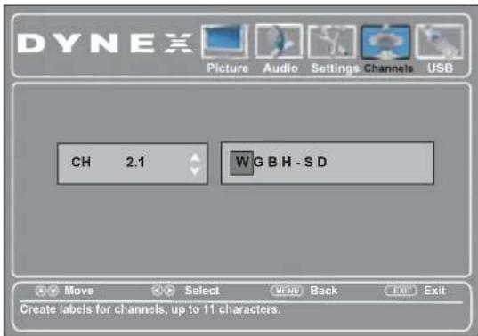 DYNEX Picture Audio Settings Channels USB CH 2.1 W G B H - S D Move Select MENU Back EXIT Exit Create labels for channels, up to 11 characters.