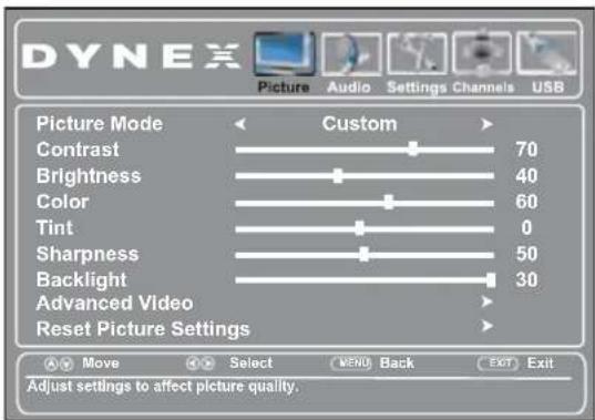 DYNEX Picture Audio Settings Channels USB Picture Mode Custom Contrast 70 Brightness 40 Color 60 Tint 0 Sharpness 50 Backlight 30 Advanced Video Reset Picture Settings Adjust settings to affect picture quality.