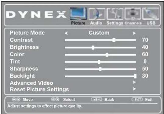 DYNEX Picture Mode Custom Contrast 70 Brightness 40 Color 60 Tint 0 Sharpness 50 Backlight 30 Advanced Video Reset Picture Settings Move Select MENU Back EXIT Exit Adjust settings to affect picture quality.