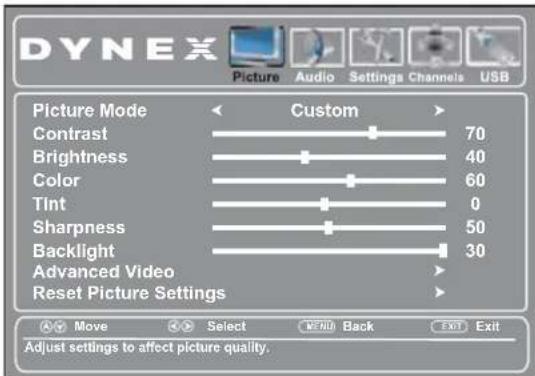 DYNEX Picture Audio Settings Channels USB Picture Mode Custom Contrast 70 Brightness 40 Color 60 Tint 0 Sharpness 50 Backlight 30 Advanced Video Reset Picture Settings Move Select MENU Back EXIT Exit Adjust settings to affect picture quality.