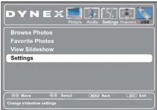 DYNEX Picture Audio Settings Channels USB Browse Photos Favorite Photos View Slideshow Settings Move Select None Back Exit Exit Change slideshow settings