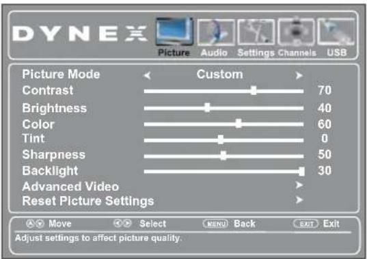 DYNEX Picture Audio Settings Channels USB Picture Mode Custom Contrast 70 Brightness 40 Color 60 Tint 0 Sharpness 50 Backlight 30 Advanced Video Reset Picture Settings Adjust settings to affect picture quality.