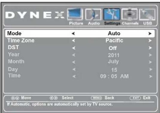 DYNEX Picture Audio Settings Channels USB Mode Auto Time Zone Pacific DST Off Year 2011 Month July Day 15 Time 09:05 AM If Automatic, options are automatically set by TV source.