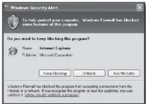 Windows Security Alert To help protect your computer. Windows Firewall has blocked some features of this program. Do you want to keep blocking this program? Name Internet Explorer Publishes Microsoft Corporation Keep Blocking Unlock Ask Me Later Windows Firewall has blocked this program from accepting connections from the Internet or a network. If you recognize the program or trust the publisher, you can unlock it. When should I unlock a program?