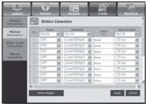System Device Record Event Network Motion Detection Motion Detection Video Loss Deposition Alarm Schedule Or Mode Sensitivity Alarm Alarm Duration Set All Set All Set All 1 OFF Level 10(High) None 10 sec 2 OFF Level 10(High) None 10 sec 3 OFF Level 10(High) None 10 sec 4 OFF Level 10(High) None 10 sec 5 OFF Level 10(High) None 10 sec 6 OFF Level 10(High) None 10 sec 7 OFF Level 10(High) None 10 sec 8 OFF Level 10(High) None Apply Cancel Motion Region Apply Cancel