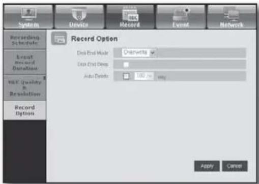 System Device Record Event Network Recording Schedule Record Duration Record Quality in Resolution Record Option Record Option Disk End Mode: Continuous Disk End Deep: Auto Delete: 100.00 mm Apply Cancel