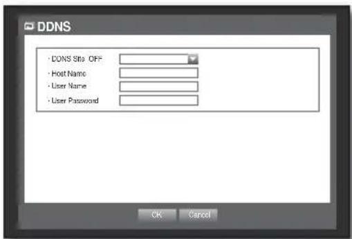 DDNS • DONS Site OFF • Host Name • User Name • User Password OK Cancel