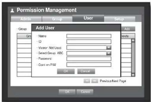 Permission Management Admin Group User Setup - Group Add User - Name - ID - Viewer Not Used - Select Group ABC - Passwords - Can't go PW OK Cancel Previous/Next Page Add Delete OK Cancel