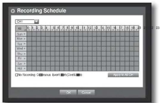 Recording Schedule CH1 All 0 1 2 3 4 5 6 7 8 9 10 11 12 13 14 15 16 17 18 19 20 Sun * Mon * Tue * Wed * Thu * Fri * Sat * Hd * No Recording Continuous Event Both/Conf&Info Apply to All CH OK Cancel