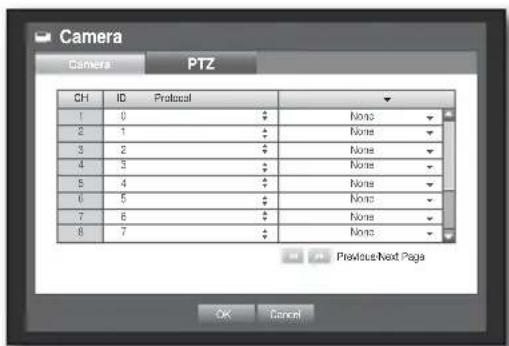 Camera PTZ CH ID Protocol 1 0 None 2 1 None 3 2 None 4 3 None 5 4 None 6 5 None 7 6 None 8 7 None Previous Next Page OK Cancel