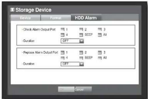 Storage Device Device Format HDD Alarm - Check Alarm Output Port 1 2 3 4 BEEP AI - Duration OFF - Replace Alarm Output Port 1 2 3 4 BEEP AI - Duration OFF Cancel
