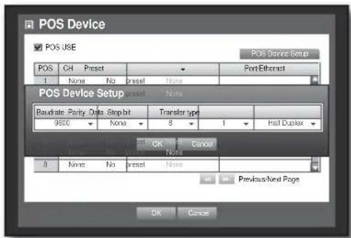 POS Device POS USE POS Device Setup POS CH Preset Port/Ethermost 1 None No pressl None POS Device Setup Baudate Party Data Step bit Transfer type 9500 None 8 1 Half Duplex OK Cancel None 8 None No pressl None Previous Next Page OK Cancel