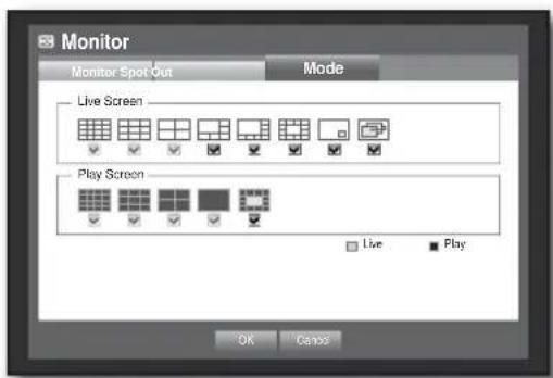 Monitor Monitor Spot Out Mode Live Screen Play Screen Live Play OK Cancel