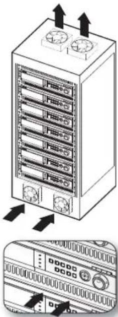 Diagram showing server rack with two fans and heat sinks, plus a close-up of the rack's front panel with control buttons.