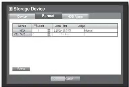 Storage Device Device Format HDD Alarm Device Select Used/Total Usage HDD 1 12.29G/498.37G Internal CD/DVD 0 Backup Format OK Cancel