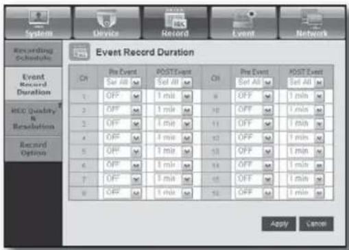 Recording Schedules Event Record Duration Event Record Duration HCC Quality & Resolution Record Options Cr Pre Event Post Event Cr Pre Event Post Event Cr Set All Set All Set All Set All Set All 1 OFF 1 min 8 OFF 1 min 2 OFF 1 min 3 OFF 1 min 4 OFF 1 min 5 OFF 1 min 6 OFF 1 min 7 OFF 1 min 8 OFF 1 min Apply Cancel