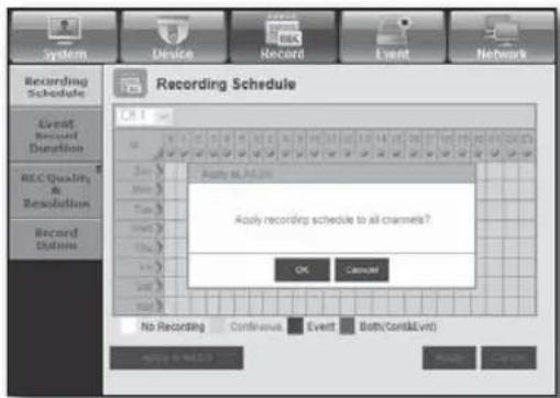 Recording Schedule Event Record Duration REC Quality & Resolution Record Options Apply to All 24h Apply recording schedule to all channels? OK Cancel No Recording Conference Event Both(Const&ve) Apply to Next > Cancel System Device Record Event Network