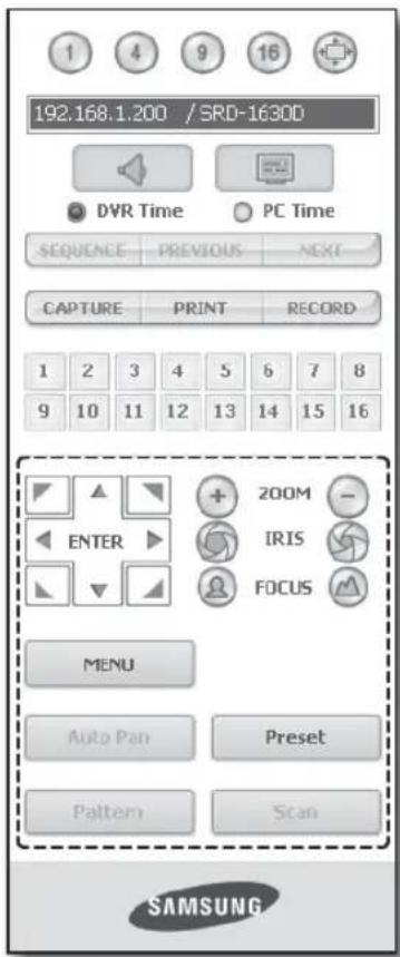 192.168.1.200 / SRD-1630D DVTR Time PC Time SEQUENCE PREVIOUS NEXT CAPTURE PRINT RECORD 1 2 3 4 5 6 7 8 9 10 11 12 13 14 15 16 ENTER 200M IRIS FOCUS MENU Auto Pan Preset Pattern Scan SAMSUNG