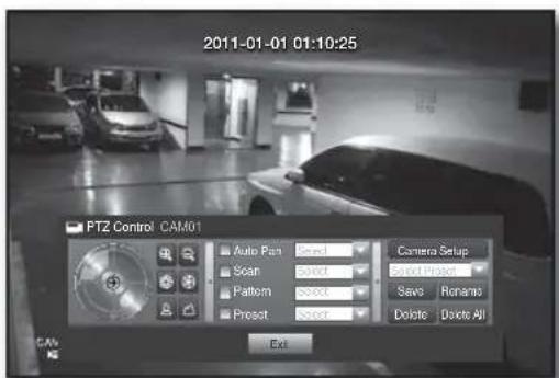 2011-01-01 01:10:25 PTZ Control CAM01 Auto Pair Select Camera Setup Scan Select Select Project Pattern Select Save Renamc Preset Select Delete Delete All CAV Ext
