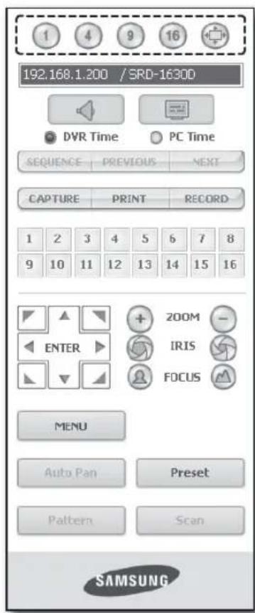 192.168.1.200 / SRD-16300 DVTR Time PC Time SEQUENCE PREVIOUS NEXT CAPTURE PRINT RECORD 1 2 3 4 5 6 7 8 9 10 11 12 13 14 15 16 ENTER + ZOOM - IRIS FOCUS MENU Auto Pan Preset Pattern Scan SAMSUNG