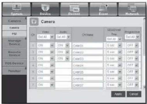 Camera OK View Audio ON Name SELECTED Time Progressive Set All Set All Set All Set All 1 ON ON CAM03 5 sec OFF 2 ON ON CAM02 5 sec OFF 3 ON ON CAM03 5 sec OFF 4 ON CAM04 5 sec OFF 5 ON CAM05 5 sec OFF 6 ON CAM06 5 sec OFF 7 ON CAM07 5 sec OFF Apply Cancel