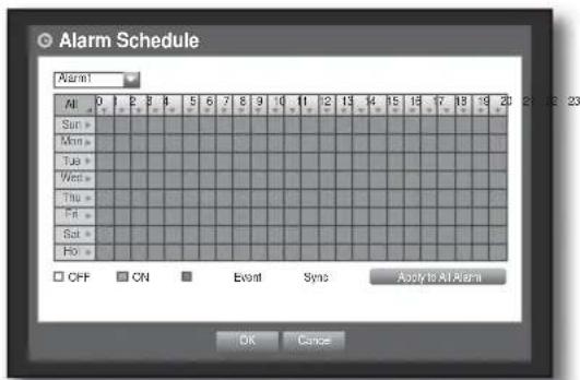 Alarm All 0 1 2 3 4 5 6 7 8 9 10 11 12 13 14 15 16 17 18 19 20 Sun > Min > Tue > Wed > Thu > Fri > Sat > Hot > OFF ON Event Syno Apply to All Events OK Cancel