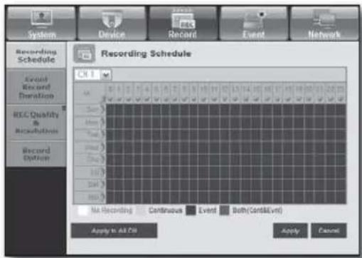 Recording Schedule Record Record Duration RCC Quality & Record Options Record Options No Recording Continuous Event Both(Cont&End) Apply to All CIN Apply Cancel